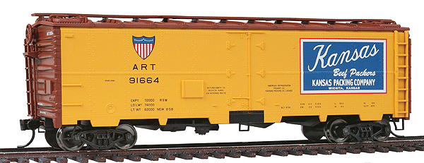 GATX 40' Steel Ice-Cooled Meat Reefer - Ready to Run -- Kansas Packing Co ART #91664 (yellow, ART & Kansas Logos)