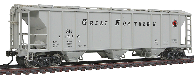Gold Line(TM) PS-2 2893 Cubic Foot 3-Bay Covered Hopper - Ready to Run -- Great Northern #71950 (gray, Slanted Lettering)