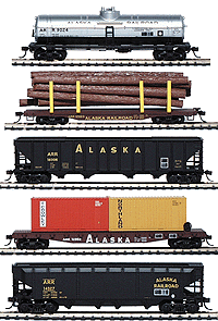 Alaska Railroad Freight Car Set (For Loco & Caboose #931-700 Sold Separately) -- Flat w/Containers, Log Flat, Quad Hopper, 40' Offset Hopper & 40' Tank Car