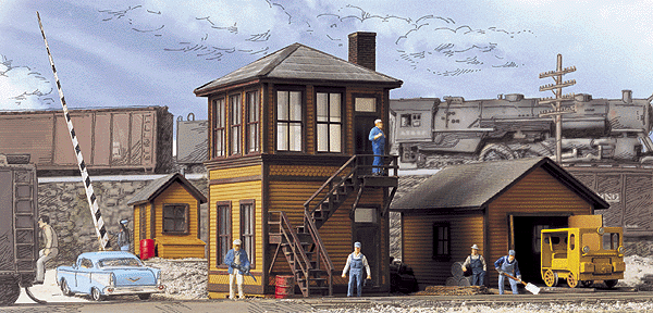 Cornerstone Series(R) Built-ups Trackside Structures Set -- Interlocking Tower, Speeder Shed, Crossing Shanty Light Gray w/Dark Gray Tri