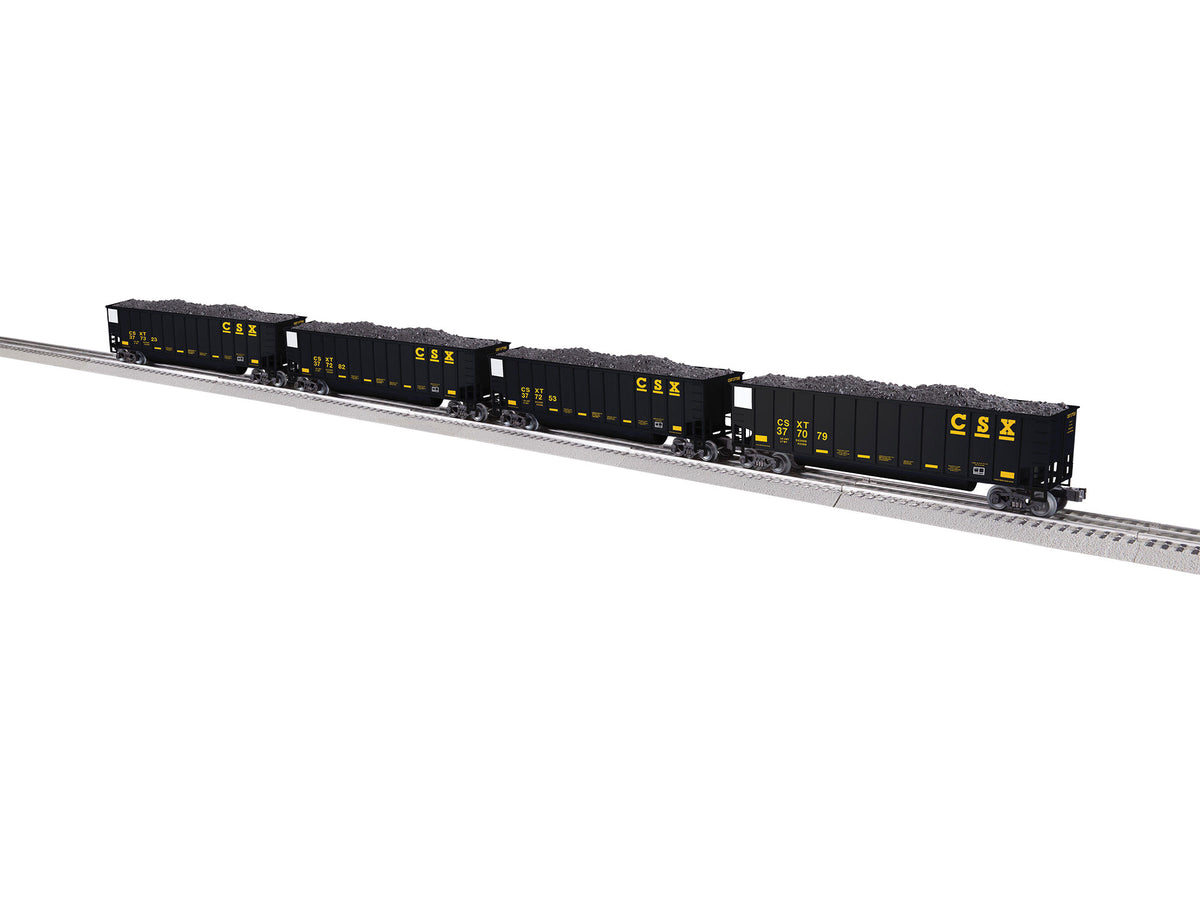 Bathtub Coal Gondola w/Load 4-Pack - 3-Rail - Ready to Run -- CSX #377079, 377253, 377282, 377323 (black, yellow, white)-1