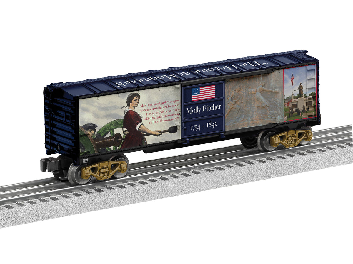 Steel Boxcar - 3-Rail - Ready to Run -- Molly Pitcher (blue, white, red, Multicolor Graphics)-2