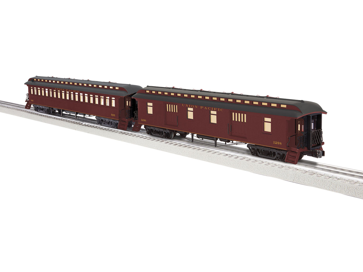 Wood Coach & Baggage Car Set - 3-Rail - Ready to Run -- Union Pacific Set A #565, 1298 (Boxcar Red, gray)-1