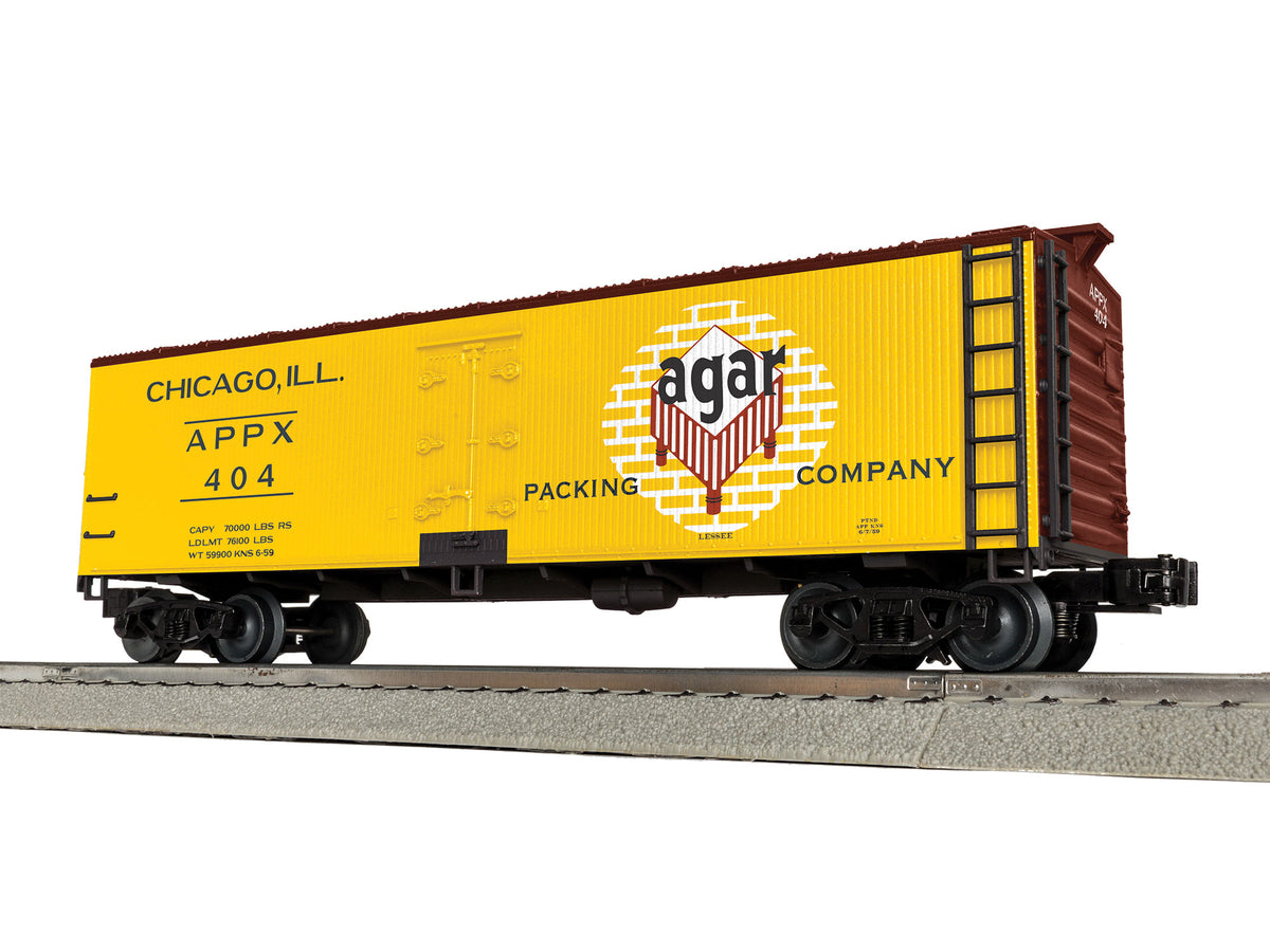 Wood Reefer - 3-Rail - Ready to Run -- Agar Packing APPX #404 (yellow, Boxcar Red, white, red)-1