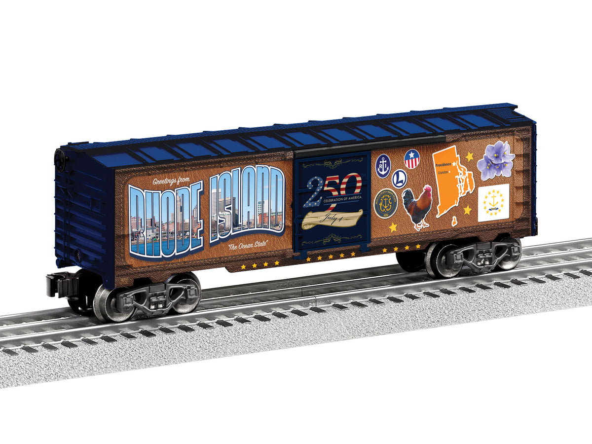 Steel Boxcar - 3-Rail - Ready to Run -- Rhode Island (50 States Series, brown, blue, Color Graphics)-1