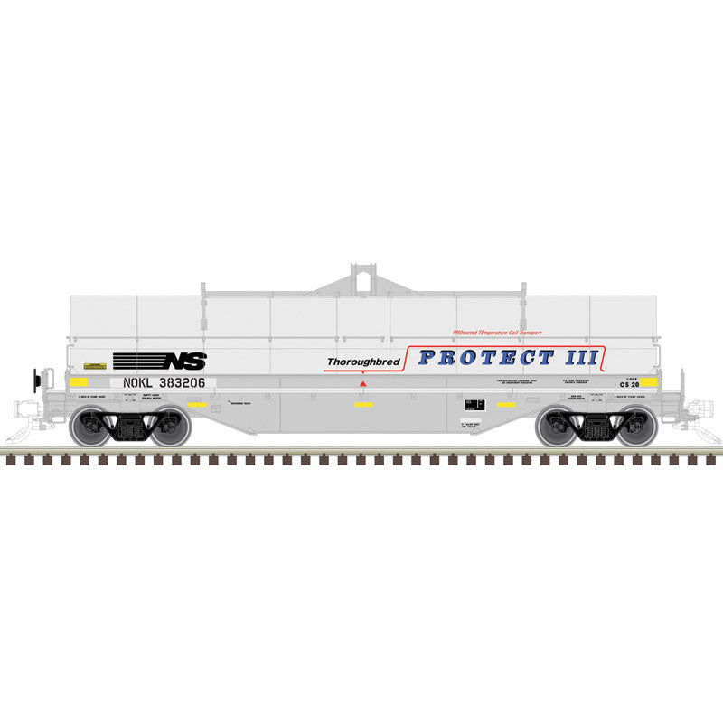 42' Coil Car w/Fishbelly Side Sill - 3-Rail - Ready to Run - Master(R) -- Northwestern Oklahoma NOKL (gray, NS Protect II Hood)-1