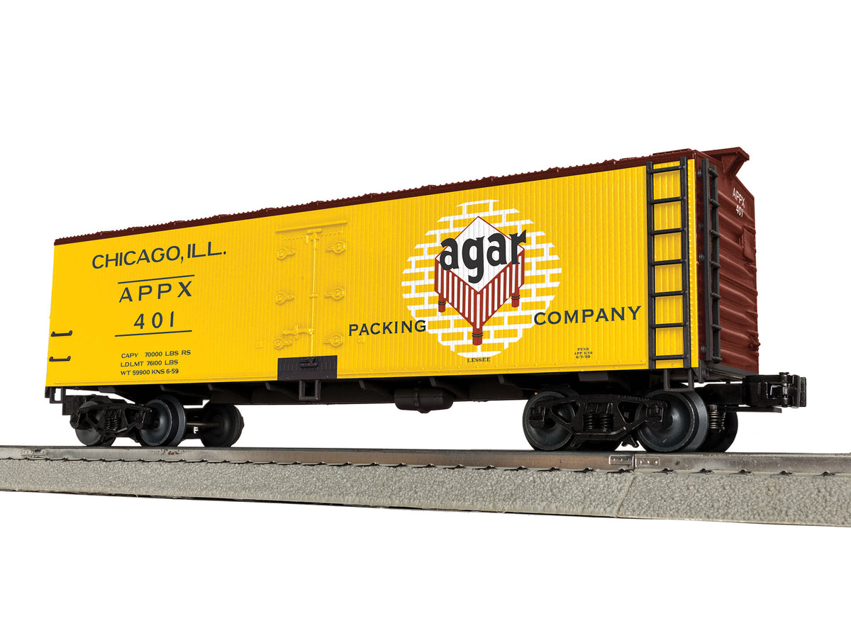 Wood Reefer - 3-Rail - Ready to Run -- Agar Packing APPX #401 (yellow, Boxcar Red, white, red)-1