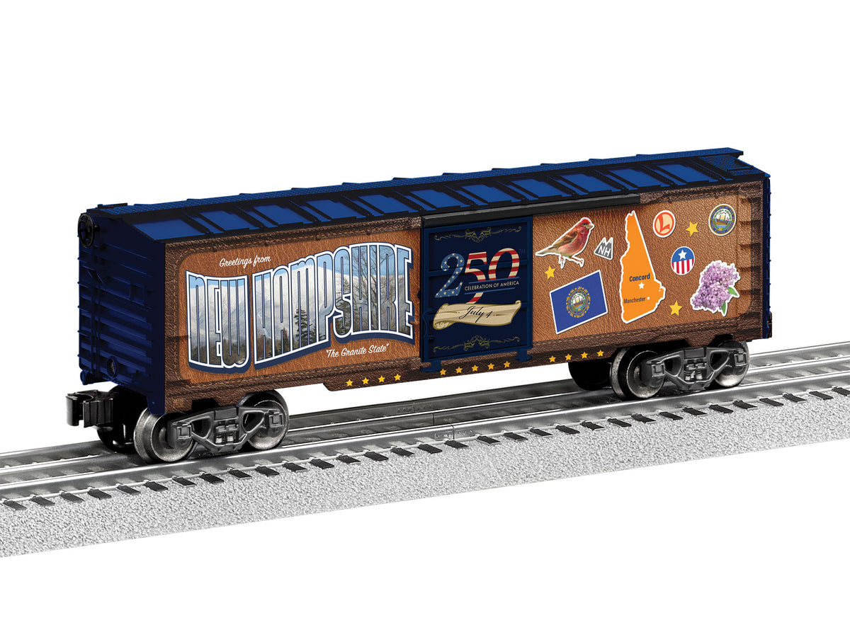Steel Boxcar - 3-Rail - Ready to Run -- New Hampshire (50 States Series, brown, blue, Color Graphics)-1