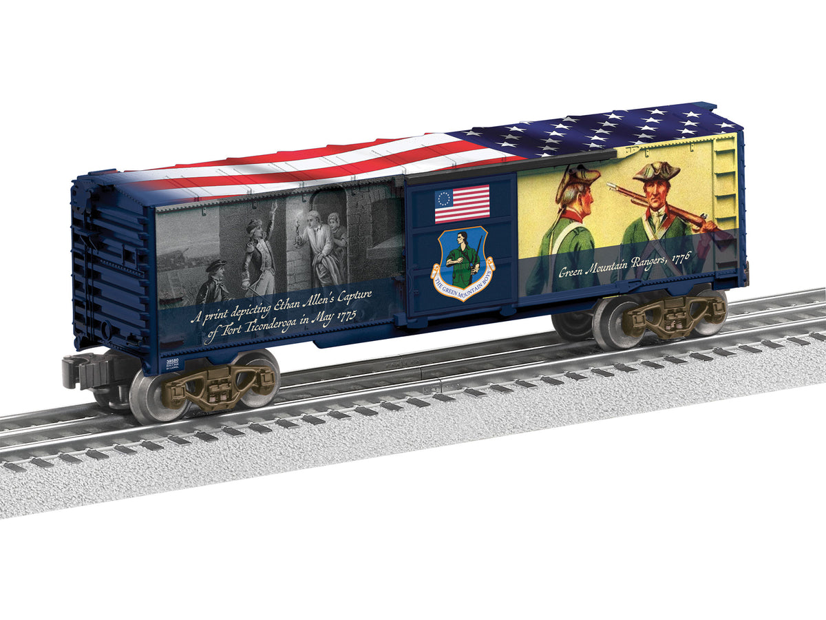 Steel Boxcar - 3-Rail - Ready to Run -- Green Mountain Boys (blue, white, red, Multi-Color Graphics)-2