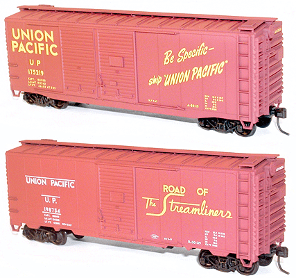 40' Single & Double-Door Boxcar Combo Pack - Kit (Plastic) -- Union Pacific #198754 (Boxcar Red) & 175219 (Boxcar Red, Be Specific Slogan)