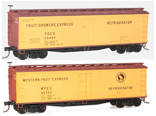 40' Wood Reefer 2-Pack - Kit -- Fruit Growers Express #55409, Western Fruit Express #49350 (yellow, Boxcar R