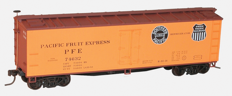 40' Wood Reefer 2-Pack - Kit -- Pacific Fruit Express #74680, 74632 (orange, Boxcar Red; black UP/SP Logos)-1
