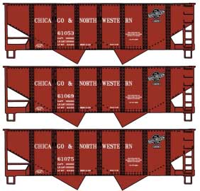 USRA 55-Ton 2-Bay Coal Hopper 3-Pack - Kit -- Chicago & North Western #61053, 61069, 61075 (Boxcar Red, black)