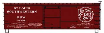 36' Double-Sheathed Wood Boxcar, Steel Roof, Ends, Fishbelly Underframe - Ki -- Cotton Belt SSW 24308 (Boxcar Red, white, Large Logo)