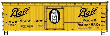 36' Double-Sheathed Wood Boxcar w/Steel Roof, Ends, Fishbelly Underframe - K -- Muncie & Western #1046 (Ball Glass Jar Scheme, yellow, black)