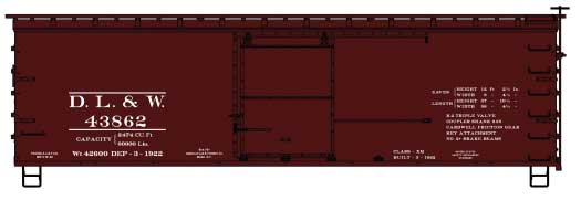 36' Double-Sheathed Wood Boxcar w/Steel Roof, Ends, Straight Underframe - Ki -- Delaware, Lackawanna & western #43862 (Boxcar Red)