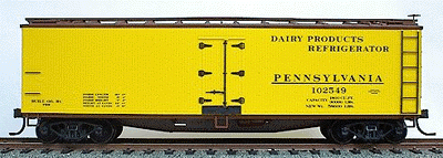 40' Wood Reefer -- Pennsylvania Railroad (Mineral Red, yellow sides, black graphics)