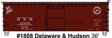 36' Double-Sheathed Wood Boxcar Steel Roof, Wood Ends, Straight Underframe -- Delaware & Hudson 22978 (Boxcar Red)