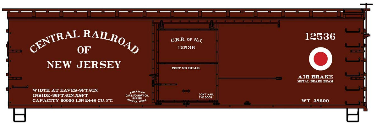 36' Double-Sheathed Wood Boxcar w/Steel Roof, Wood Ends, Straight Underframe -- Central Railroad of New Jersey #125636 (Boxcar Red, white, red)