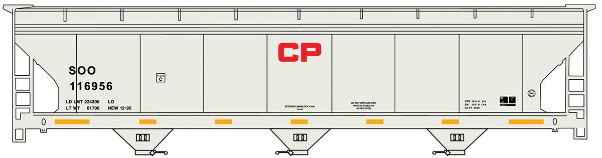 ACF 47' 3-Bay Center-Flow Covered Hopper - Kit -- Canadian Pacific SOO #116956 (gray, red CP, yellow conspicuity marks)
