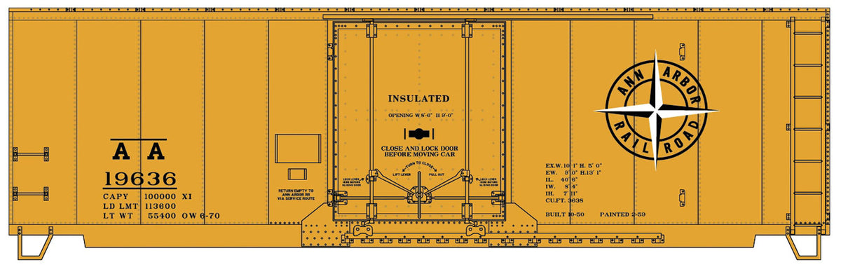 AAR 40' Insulated Plug-Door Boxcar - Kit -- Ann Arbor 19636 (yellow, black, Compass Logo)