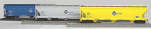 3-Bay Covered Hopper -- Archer Daniels Midland (1 each in gray, yellow & blue w/blue & white graphic