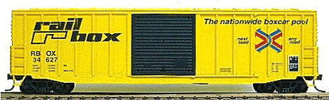 50' Exterior-Post Modern Boxcar 3-Pack -- Railbox (yellow w/black, white, blue & red graphics)