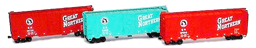 40' AAR Steel Boxcar -- Great Northern - Includes 2 Red Cars & 1 Green Car (black & white graphics)