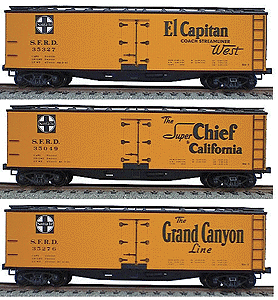 40' Wood Reefer 3-Pack -- Santa Fe (black roof & ends, orange sides, black & white lettering)