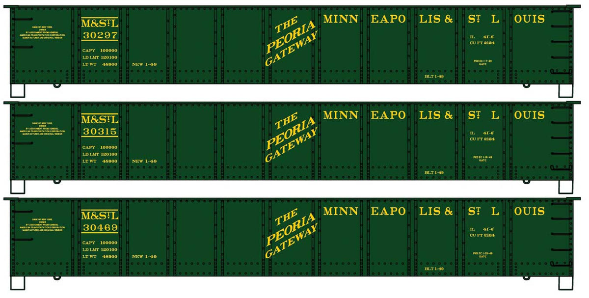 AAR 41' Steel Gondola 3-Pack - Kit -- Minneapolis & St. Louis #30297, 30315, 30469 (green, yellow, Peoria Gateway)