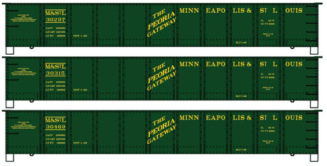 AAR 41' Steel Gondola 3-Pack - Kit -- Minneapolis & St. Louis #30297, 30315, 30469 (green, yellow, Peoria Gateway)