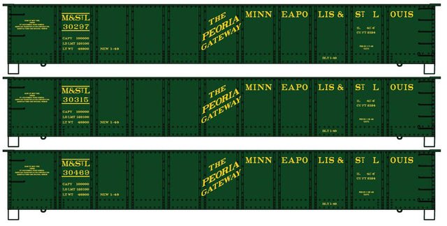 AAR 41' Steel Gondola 3-Pack - Kit -- Minneapolis & St. Louis #30297, 30315, 30469 (green, yellow, Peoria Gateway)