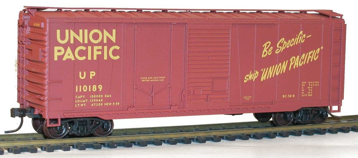 40' Combination Door Steel Boxcar - Kit -- Union Pacific #110189 (Boxcar Red, yellow, Be Specific Slogan)