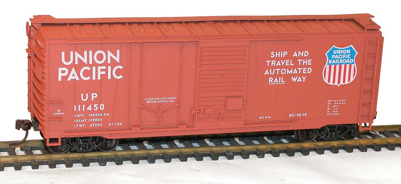 40' Combination Door Steel Boxcar - Kit -- Union Pacific #111450 (Boxcar Red, Medium Shield, Ship & Travel Slogan)