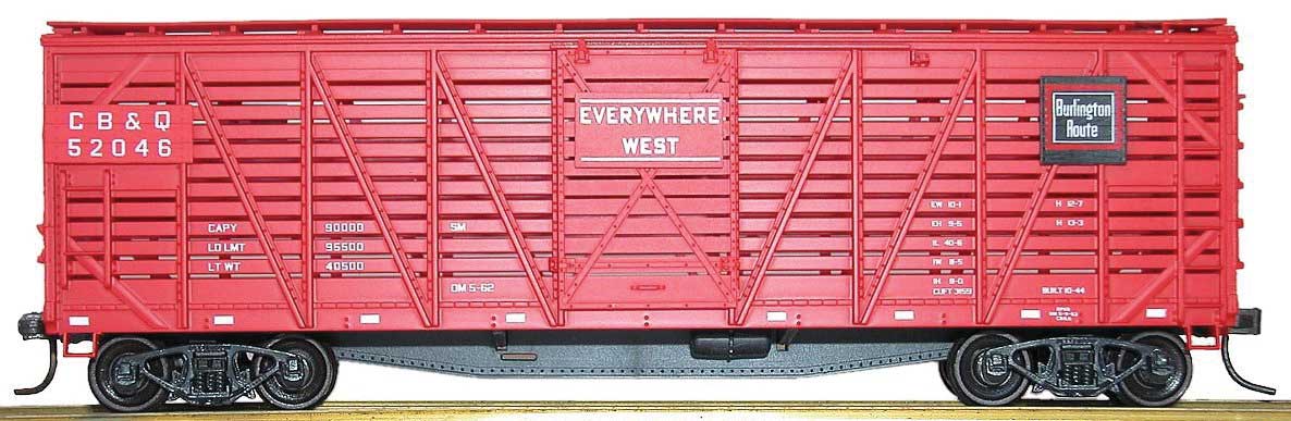 40' Wood Stock Car - Kit -- Chicago, Burlington & Quincy #52046 (red, white, black, Everywhere West Slog