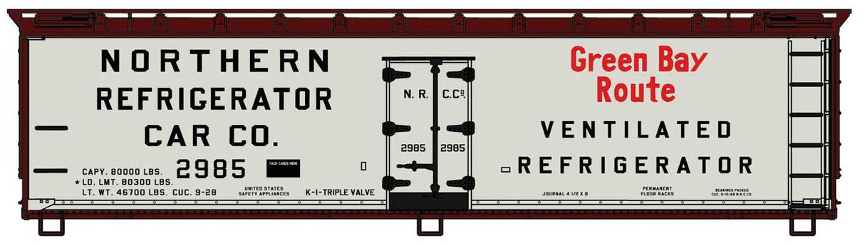 Early 40' Wood Reefer - Kit -- Green Bay Route NRC #2985 (gray, Boxcar Red, black, red)