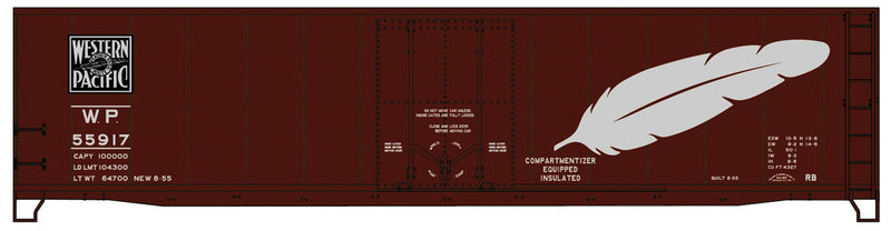 AAR 50' Riveted-Side Plug-Door Boxcar - Kit -- Western Pacific 55917 (Boxcar Red, silver, Large Feather)