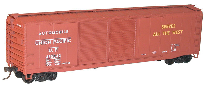 AAR 50' Riveted-Side Double-Door Boxcar - Kit -- Union Pacific #455842 (Boxcar Red, Auto Service, yellow Streamliners Slogan)