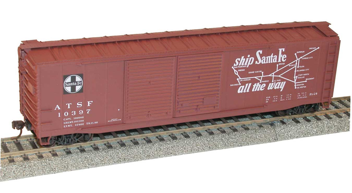 AAR 50' Riveted-Side Double-Door Boxcar - Kit -- Santa Fe #10397 (Boxcar Red, Map & Ship Santa Fe Slogan)