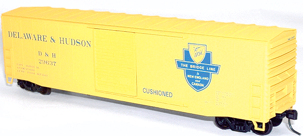 50' Welded-Side Single-Door Boxcar - Kit -- Delaware & Hudson #29637 (yellow, blue, Large Bridge Line Logo)