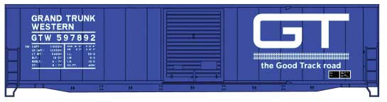 50' Welded-Side Single-Door Boxcar - Kit -- Grand Trunk Western #597892 (blue, white, Good Track Road Logo)