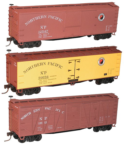40' Wood Boxcar & Reefer Set - Kit -- Northern Pacific #12547 (DS Box), #91059 (Reefer), #14813 (SS Box)-1