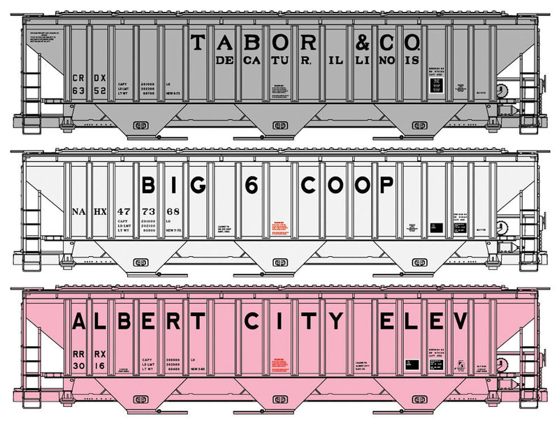 Pullman-Standard 4750 3-Bay Covered Hopper 3-Pack - Kit -- Tabor #6352 (gray), Big 6 Co-op #477368 (gray) & Albert City Elev. #3016 (pi