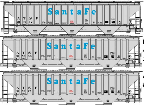 Pullman-Standard 4750 3-Bay Covered Hopper 3-Pack - Kit -- Santa Fe #315942, 315908, 315917 (gray, blue)