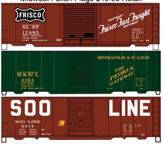 Midwest Fallen Flags 40' Boxcar 3-Pack - Kit -- 1 Each: St. Louis-San Francisco, Minneapolis & St. Louis, Soo Line