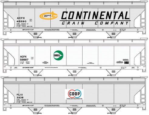 ACF 47' 3-Bay Center-Flow Covered Hopper 3-Pack - Kit -- 1 Each: Cargill #59887, Continental #46590, Co-Op #3438