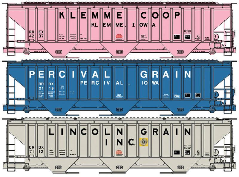 Pullman-Standard 4750 3-Bay Covered Hopper 3-Pack - Kit -- Klemme Coop #4237 (pink), Percival Grain #2119 (blue), Lincoln Grain 7112 (g