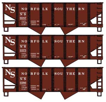 USRA 2-Bay 55-Ton Open Hopper 3-Pack - Kit -- Original Norfolk Southern 9247, 9375, 9386 (Boxcar Red)