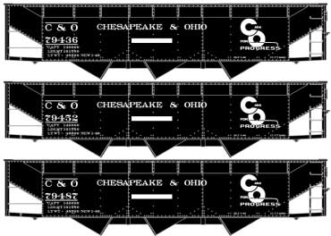 AAR 70-Ton Offset-Side 3-Bay Hopper 3-Pack - Kit -- Chesapeake & Ohio 79436, 79452, 79487 (black, Progress Logo)