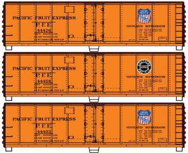 40' Steel Reefer 3-Pack - Kit -- Pacific Fruit Express 44426, 44458, 44493 (orange, Boxcar Red, Single Logo)